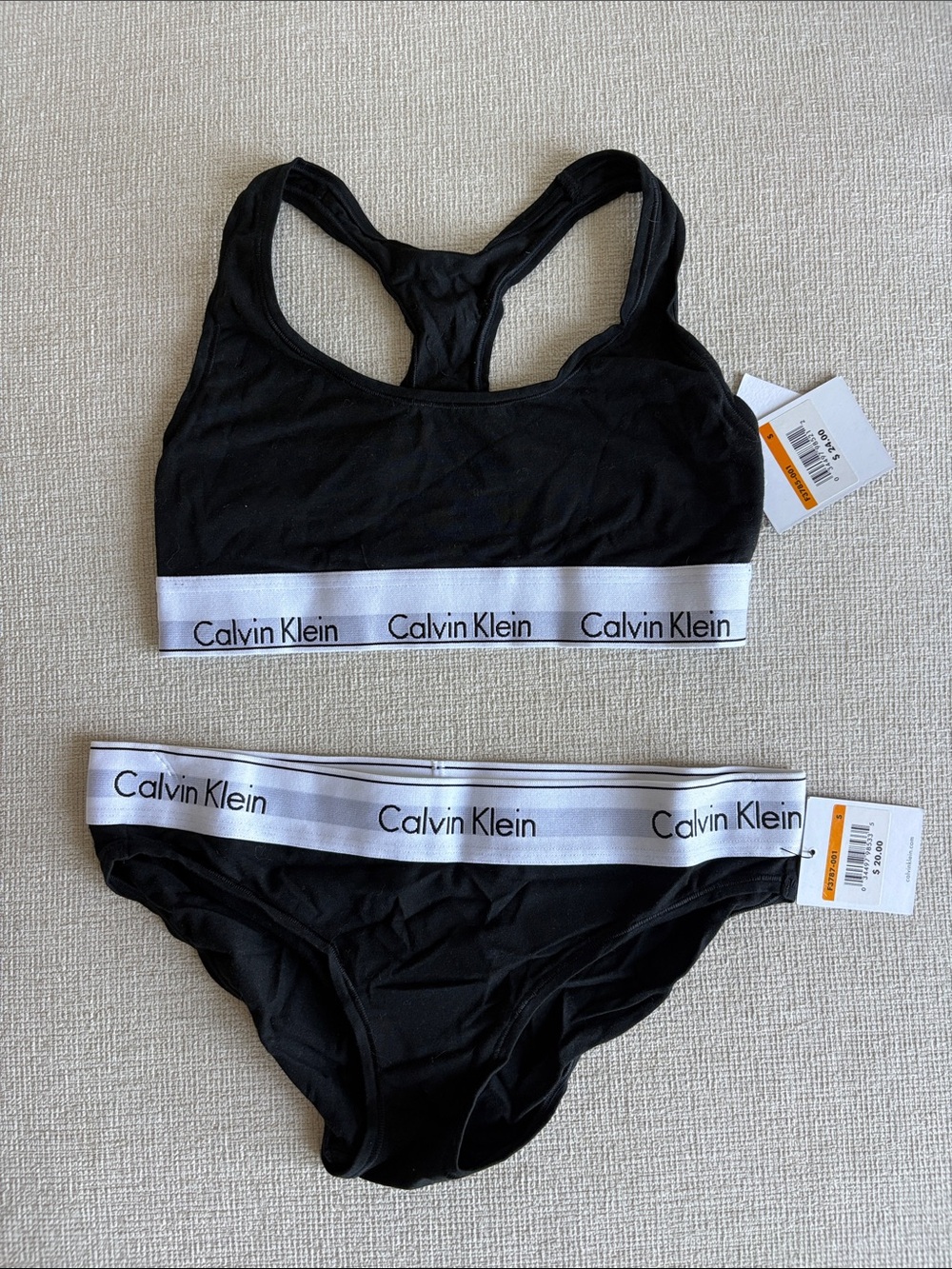 Calvin Klein Black & White Logo Elastic Racerback Bralette and Bikini Set